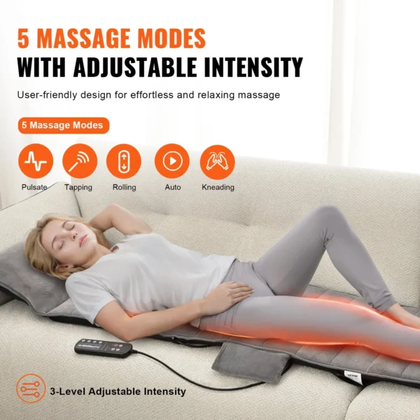 VEVOR Full-Body Massage Cushion with Heat, 10 Vibration Motor Massage Cushion Pad, Heating Vibrating Massage Mat & 5 Modes, 3 Intensities, 3 Heating Pads, Fatigue Relief Back Massager for Home Office - Image 2