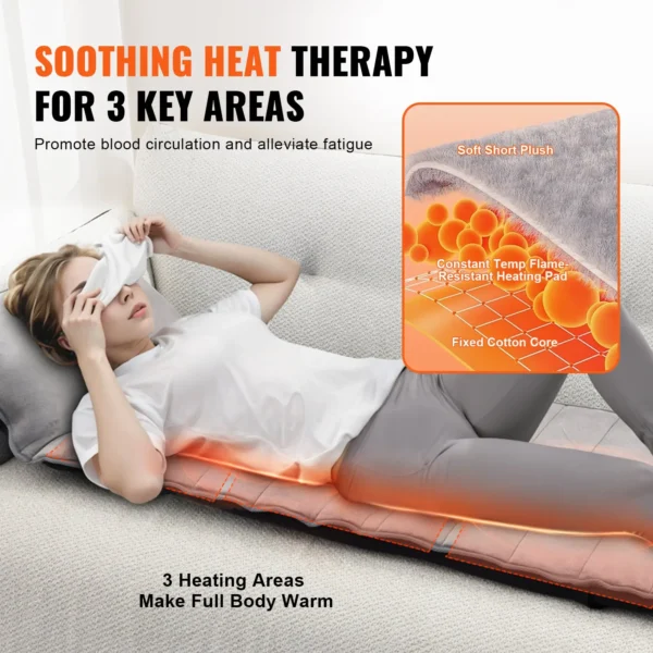 VEVOR Full-Body Massage Cushion with Heat, 10 Vibration Motor Massage Cushion Pad, Heating Vibrating Massage Mat & 5 Modes, 3 Intensities, 3 Heating Pads, Fatigue Relief Back Massager for Home Office - Image 3