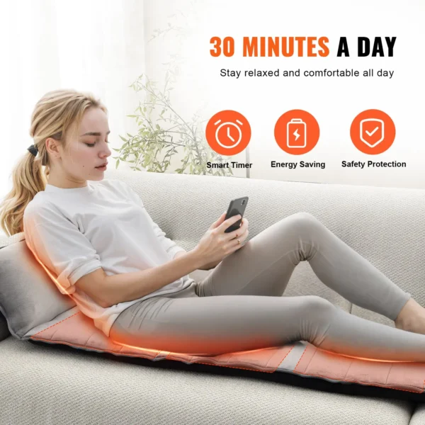 VEVOR Full-Body Massage Cushion with Heat, 10 Vibration Motor Massage Cushion Pad, Heating Vibrating Massage Mat & 5 Modes, 3 Intensities, 3 Heating Pads, Fatigue Relief Back Massager for Home Office - Image 4