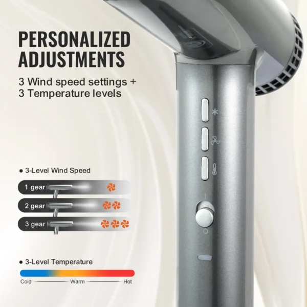 VEVOR Professional Hair Dryer, 3.0 Million Negative Ions Blow Dryer, 98,000RPM High-Speed Brushless Motor, 3 Temp & 3 Speeds, Lightweight Salon Hair Blow Dryers with Nozzles & Diffuser for Home Travel - Image 2