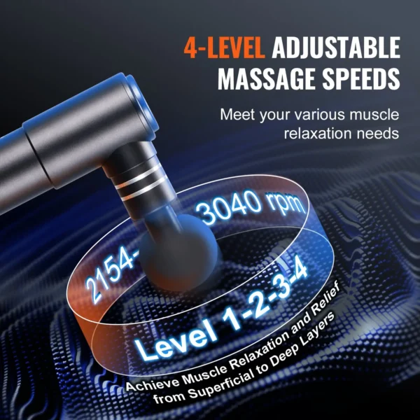 VEVOR Massage Gun Deep Tissue, Percussion Mini Muscle Massage Gun for Athletes - with 4 Speed Levels & 4 Massage Heads, 12V 2500mAh Batteries, Handheld Massage Gun for Pain Relief, Muscle Relaxation - Image 2