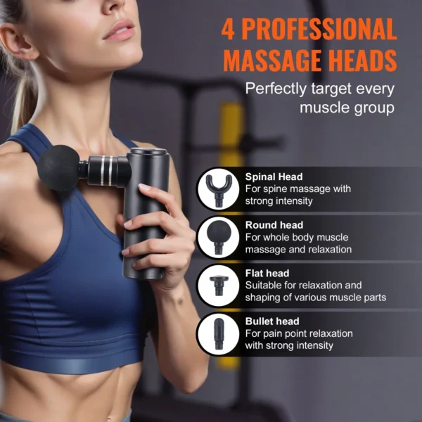 VEVOR Massage Gun Deep Tissue, Percussion Mini Muscle Massage Gun for Athletes - with 4 Speed Levels & 4 Massage Heads, 12V 2500mAh Batteries, Handheld Massage Gun for Pain Relief, Muscle Relaxation - Image 4