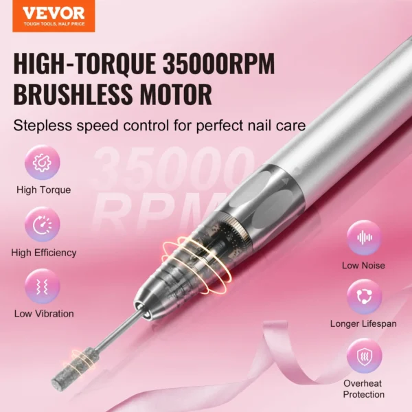 VEVOR Electric Cordless Nail Drill - with High-Torque 35000RRM Brushless Motor, Rechargeable Nail E File Machine with 6 Bits & 50PCS Sanding Band for Acrylic Gel Nails, Portable Manicure Pedicure Tool