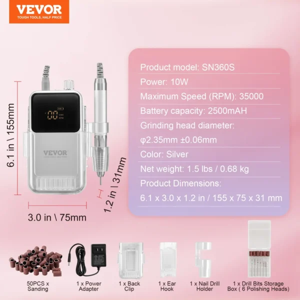 VEVOR Electric Cordless Nail Drill - with High-Torque 35000RRM Brushless Motor, Rechargeable Nail E File Machine with 6 Bits & 50PCS Sanding Band for Acrylic Gel Nails, Portable Manicure Pedicure Tool - Image 6