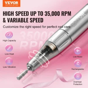 VEVOR Electric Rechargeable Nail Drill, 35,000RPM Portable Cordless Nail E File Machine, LCD-Display Acrylic Gel Grinder Tool with 6 Bits and 50PCS Sanding Bands for Manicure Pedicure Carve Polish