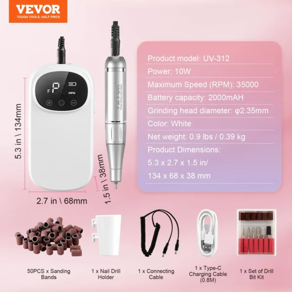 VEVOR Electric Rechargeable Nail Drill, 35,000RPM Portable Cordless Nail E File Machine, LCD-Display Acrylic Gel Grinder Tool with 6 Bits and 50PCS Sanding Bands for Manicure Pedicure Carve Polish - Image 6