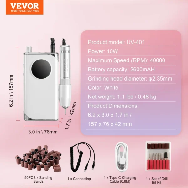 VEVOR Electric Rechargeable Nail Drill, 40,000RPM Portable Cordless Nail E File Machine, LCD-Display Acrylic Gel Grinder Tool with 6 Bits and 50PCS Sanding Bands for Manicure Pedicure Carve Polish - Image 6