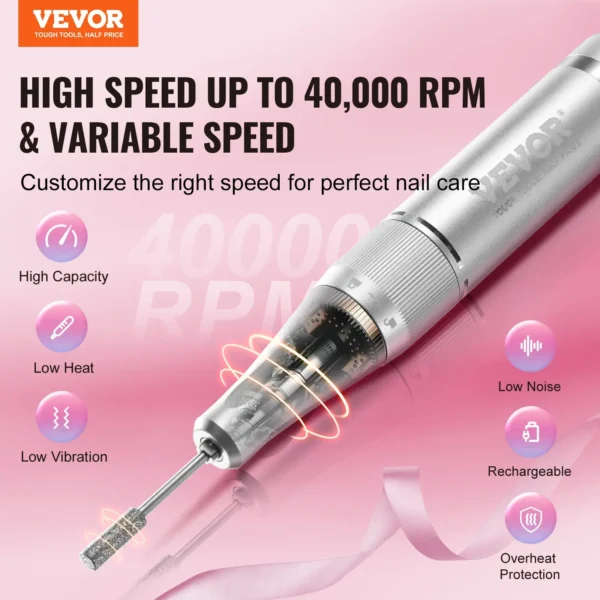 VEVOR Electric Rechargeable Nail Drill, 40,000RPM Portable Cordless Nail E File Machine, LCD-Display Acrylic Gel Grinder Tool with 6 Bits and 50PCS Sanding Bands for Manicure Pedicure Carve Polish - Image 11