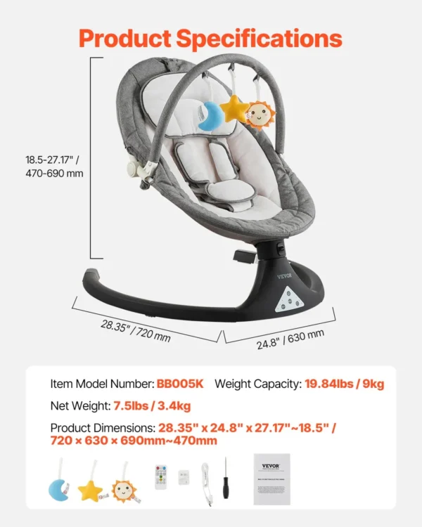 Baby Swing for Infants 5 Speeds 3 Seat Positions Remote Control Toy Bar 3 Toys - Image 6